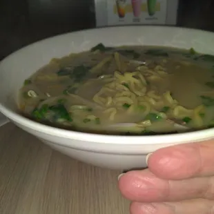 Pork broth, noodles. Spinach, scallions,, sprouts.$11.95