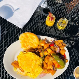 Chicken Biscuit with Breakfast Shot in background