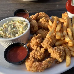 Shrimp, fries and slaw