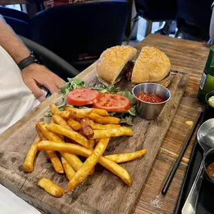 a burger and fries
