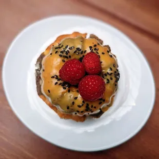 Black sesame passion fruit raspberry bundt cake. Interesting combo. Not bad, not great. Good.
