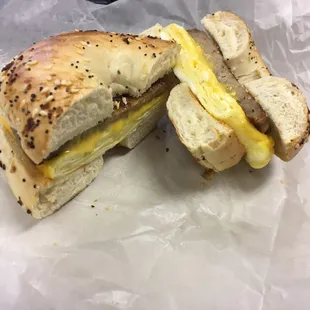 Sausage, egg, and cheese on a toasted everything bagel.