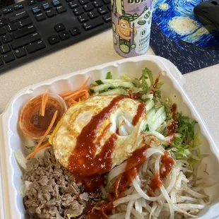 Bibimbap bowl with lavender cucumber sparkling water