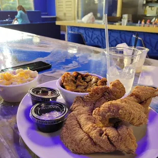 Catfish, Mac n cheese,  sweet potato casserole