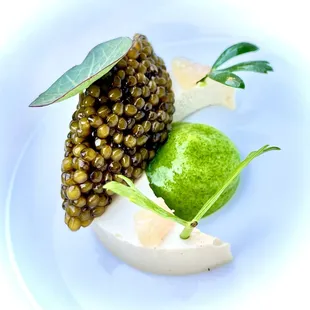 Royal osetra caviar with smoked Potato, pomme paillasson, preserved Meyer Lemon, herbed meringue