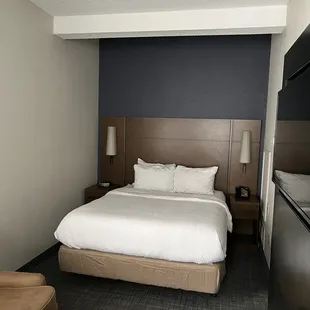 Smallish bedroom area but it extends to a sitting area and kitchen.