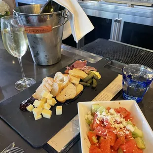 Charcuterie plate with prosciutto and Cowgirl Creamery Hop Along. Yummy watermelon salad