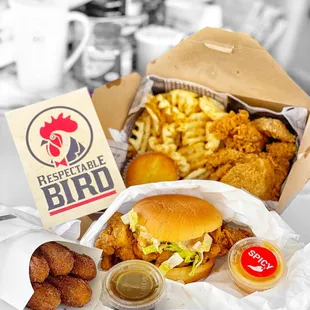 Churros, Fried Chicken Burger, Fried Chicken+ Waffle Fries