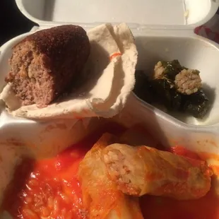 Lebanese sampler:  Kibbeh, cabbage rolls w/ tomato sauce, grape leaves