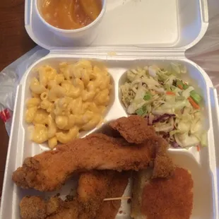Friday's lunch:  Catfish, mac &amp; cheese, cole slaw, cornbread, peach cobbler. Cole slaw tasted old, but everything else was good!