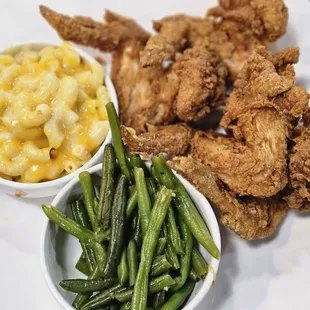 Whole wing dinner with green beans and macaroni and cheese