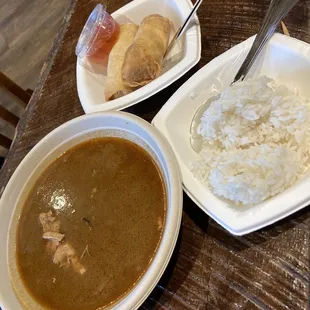 Chicken sausage Gumbo with egg rolls and rice