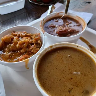 The sampler (gumbo, red beans and rice, etouffee)