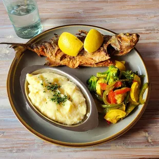 Seasonal fish (pan friend), sauteed veggies, whipped potatoes.