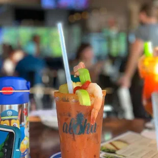 Virgin Bloody Mary - love the shrimp and olives, and how thick the drink is!!!