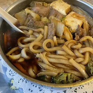 Soup: broccoli , carrots, cabbage, noodles, tofu, and beef (sorry forgot the name) . It was delicious!