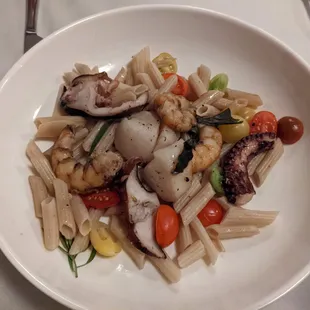 Frutti di Mare: Octopus, Clams, Shrimp, Gluten Free Pasta, Fresh Herbs, Cherry Tomatoes