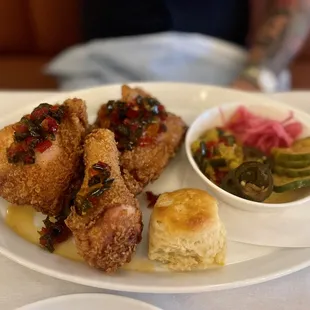 Mammaw's Fried Chicken - $23; dark meat w/ pepper jelly, &amp; relish tray.  GET THIS!!!