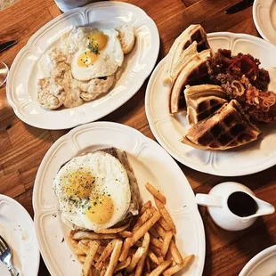 Main dishes- biscuits and gravy, chicken and waffle, and croque madame