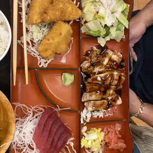 3 combo with teriyaki chicken, ahi katsu, and ahi sashimi