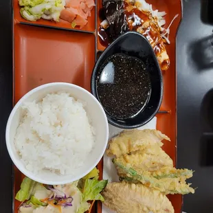 My ahi / veg tempura w Teri salmon.  Love that the skin was crunchy.