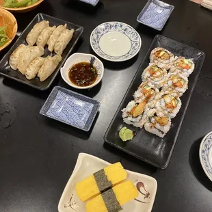 Gyoza, tamago, and tempura roll