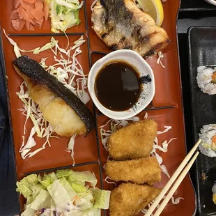 3 combo with butterfish, ahi katsu, and grilled salmon