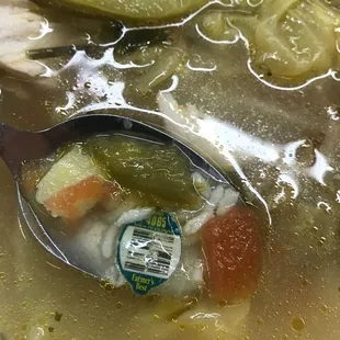 garbage in soup... bell pepper label in soup ..