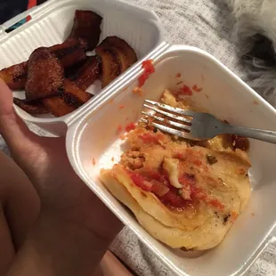 Platano frito and a pupusa with salsa