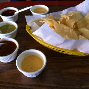 An array of really fresh and tasty salsas and quesos.