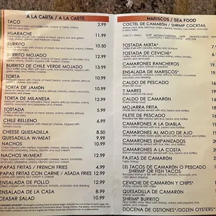 Menu, prices changed