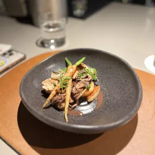 October 2024 - Wild Chantrelle, lions mane, shiitake, porcini, oyster mushrooms with carrot, lightly fried potato, and red wine jus.