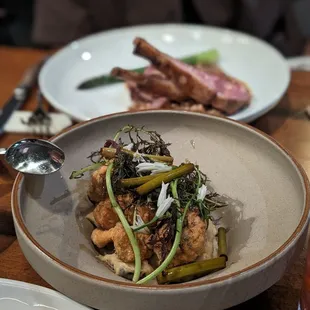 April menu - black truffle potato pureé with fried sweetbreads and pickled garlic scapes (supplement)