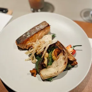 September 2022 --  Salmon and yachae bokkeum Pan seared salmon with farmer's market summer vegetables