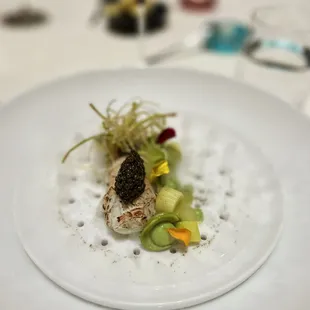 Langoustines with Caviar, Leeks, Apple, and Avocado