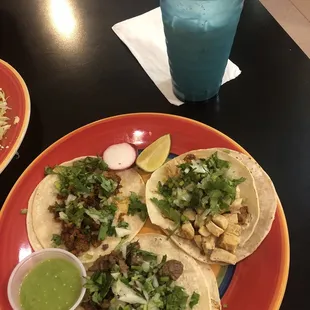 Al Pastor, Asada, &amp; Pollo Tacos  Horchata drink