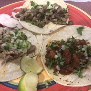 Carnitas, Asada, and Al Pastor tacos