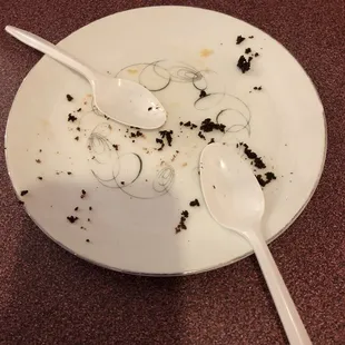 a dirty plate with a spoon and spoon rest on it