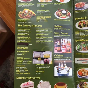 Side orders and Beverage menu