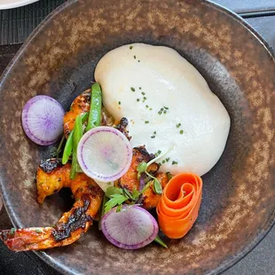 Prawns, potato foam and fresh summer veg. Amazing.