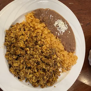 Chorizo Con Huevos, rice and beans