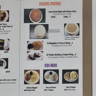 a menu for desserts