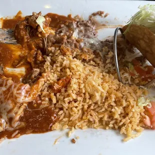 Crispy steak taco, tamale, rice &amp; beans