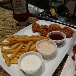 Fatty chicken "strips" and lunch lady fries.