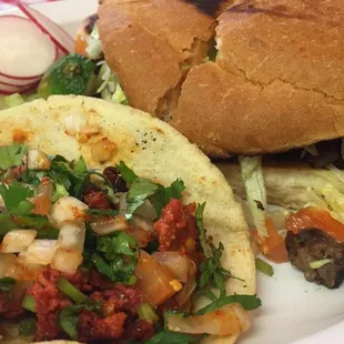 Chorizo taco and Asada torta