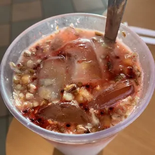 Horchata with tuna fruit, diced up cantaloupe and walnuts