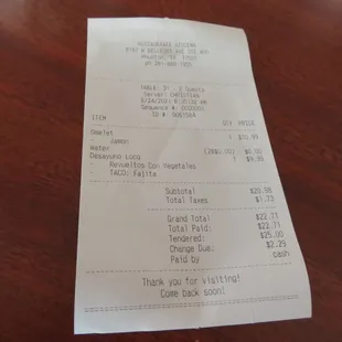 a receipt on a table