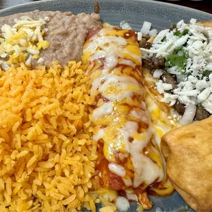 3 Piece Combo: (your pick) Chicken Enchilada, Steak Taco, Chicken Chimichanga