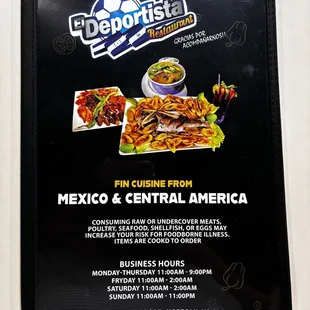 menu for mexican cuisine
