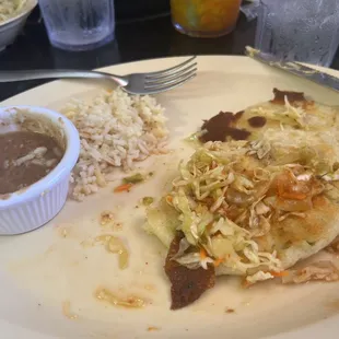 Pupusa, beans and rice